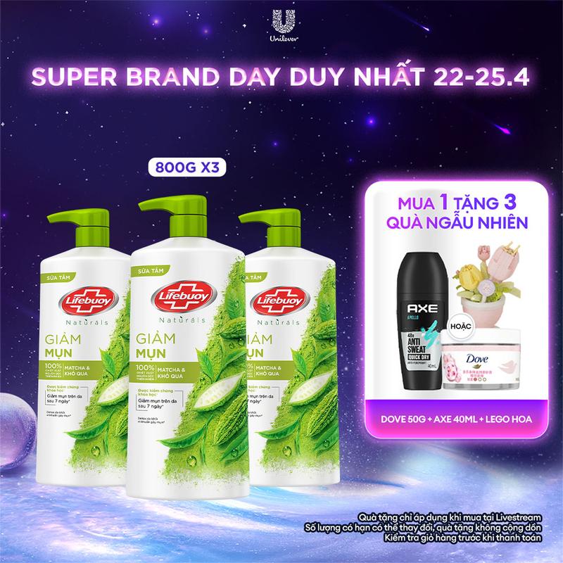 Combo 3 Sữa Tắm Lifebuoy Detox Chiết Xuất Matcha & Khổ Qua Hỗ Trợ Da Khỏi Vi Khuẩn Gây Mụn Chai 800g - Cho Nam & Nữ  1  