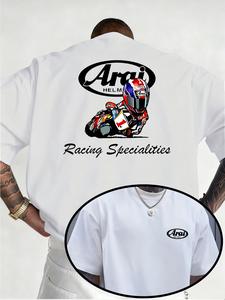 メンズカジュアル 半袖 ラウンドネックTシャツ、前後プリント、ニット生地、レジャーや家庭用の着用に快適