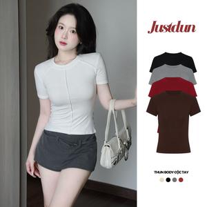 Áo thun basic phối viền cổ tròn cotton mịn Justdun C3 Top Women