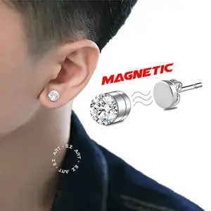 Anting Magnet Permata Mirip Pakai Asli Diamond Bulat Dengan Tangkai Jarum Stick Belakang Super Kuat