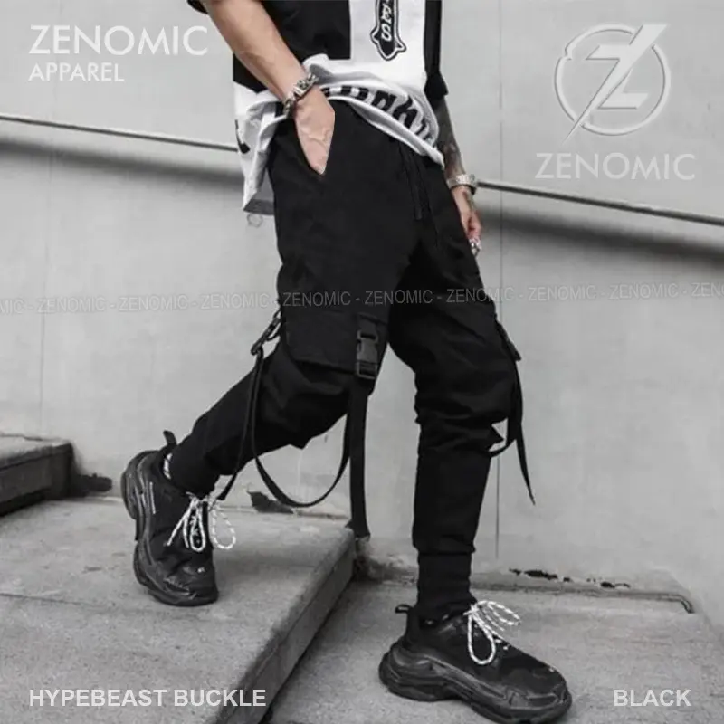 Celana Panjang Pria Jogger Cargo Buckle Zenomic Hypebeast Techwear Black Slim Fit S M L XL - Sweatpants Korean Style Harajuku Keren Pria Longgar Murah Cyberpunk Bestdupes! Bts Kpop Tren 2023