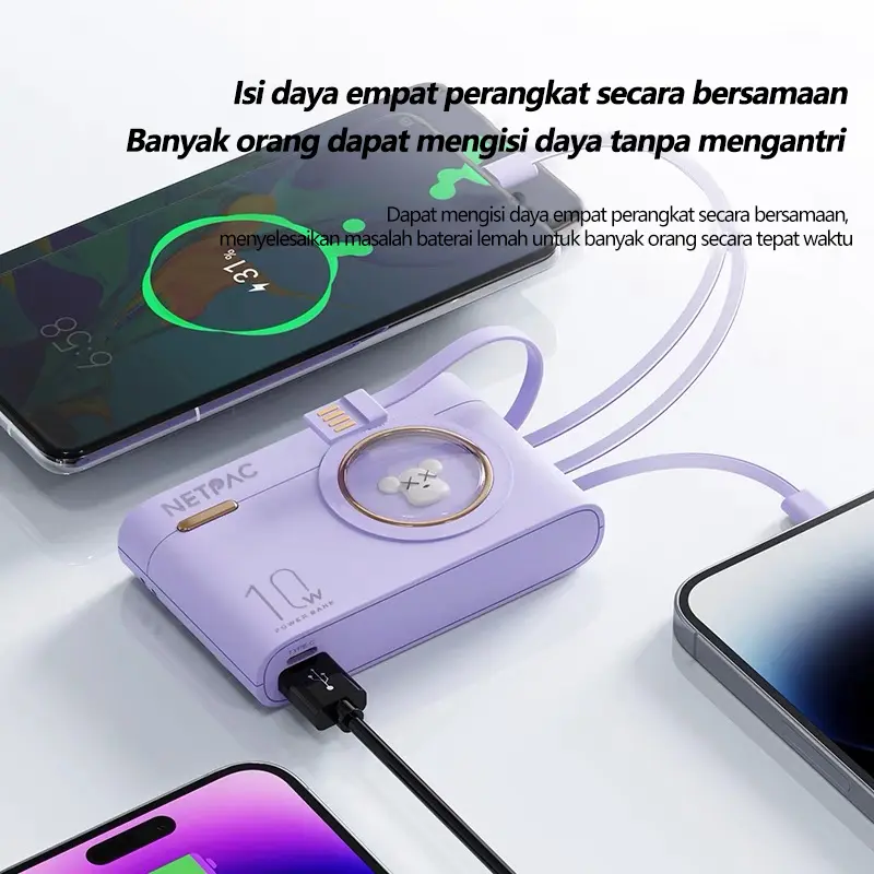 【COD】NETPACLIFE Powerbank 10000 mAh Fast Charging Murah Mini Macaron Cute Camera Design LED with Kabel Data Type C Micro USB Lightning 5