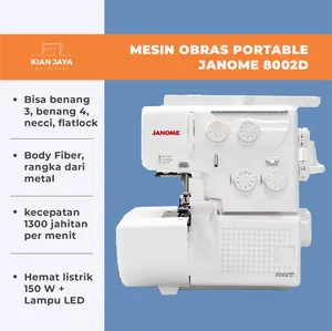 Mesin Obras Portable JANOME 8002D / Mesin Obras 3 Benang hingga 5mm Stitch Length mesin  obras