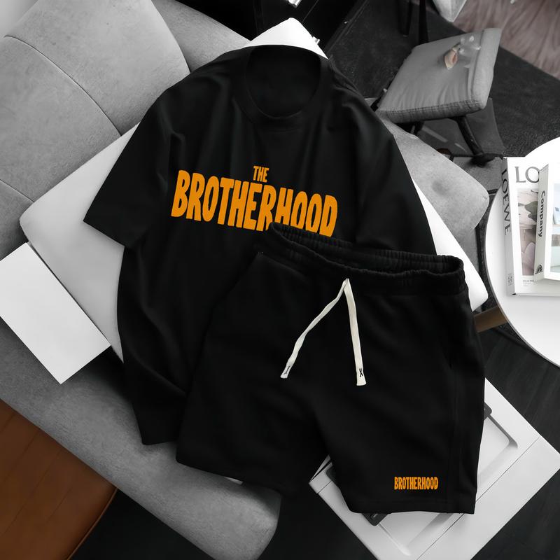 The BROTHERHOOD Bộ Quần Áo Nam Nữ Cotton Co Dãn Tay Lửng Phong Cách Năng Động Thoải Mái Menswear Đen