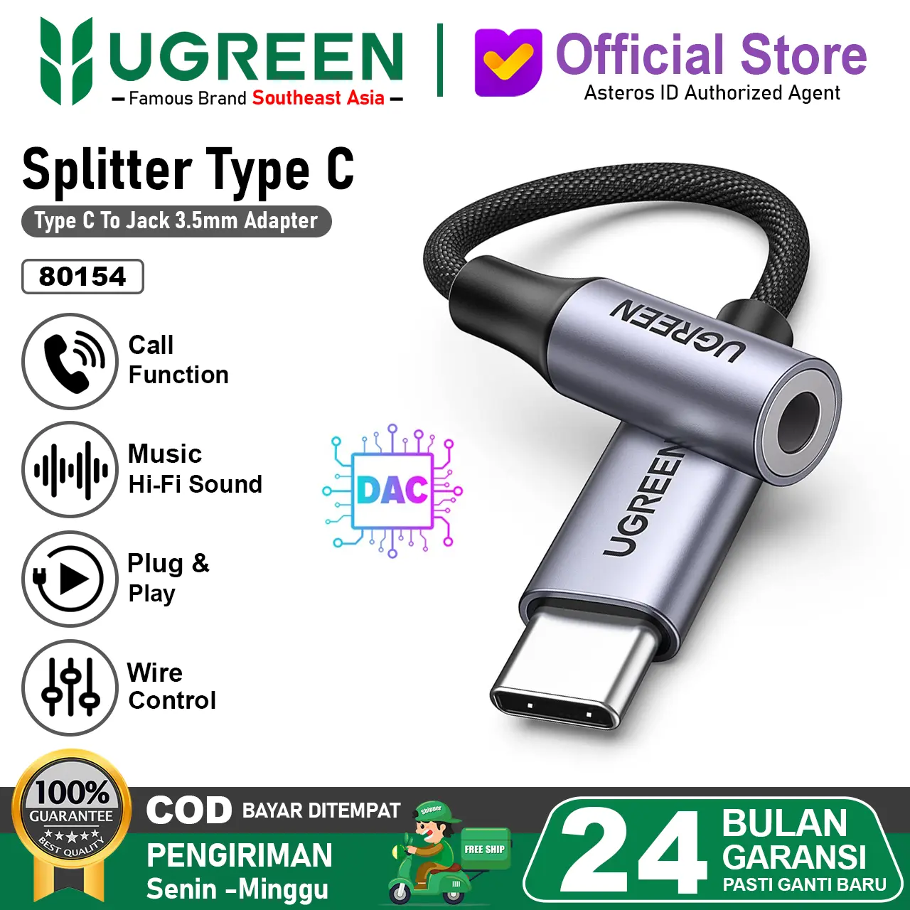 UGREEN Converter Splitter DAC Type C To Jack 3.5mm Audio Call Open Mic 80154