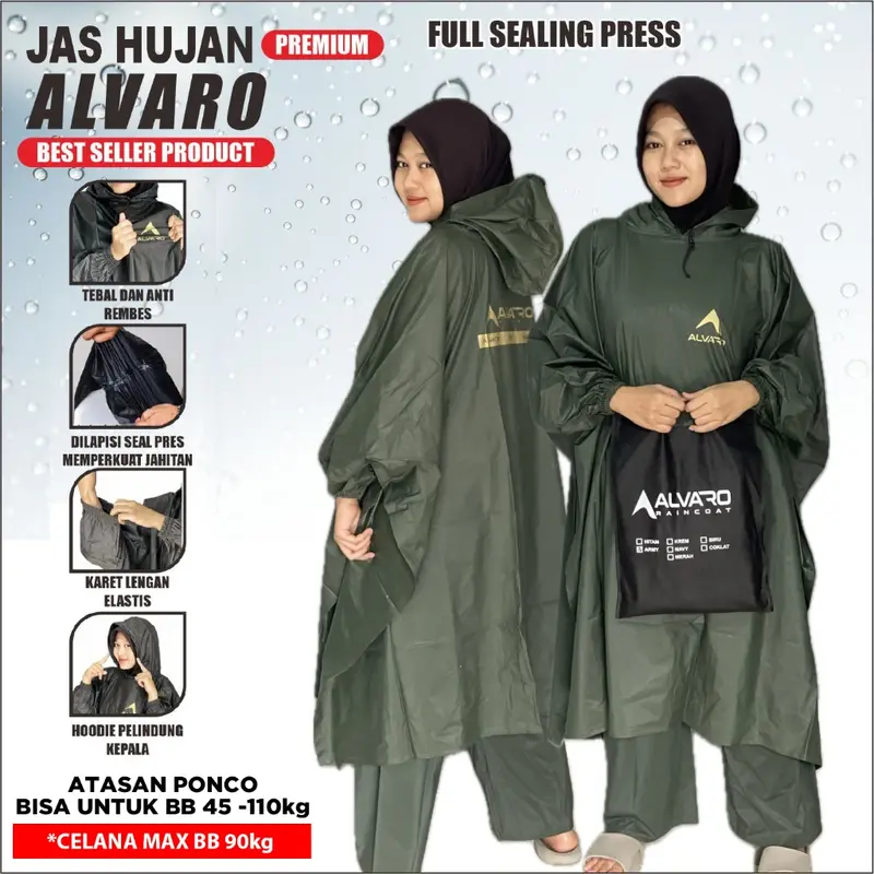 Jas Hujan Kelelawar Ponco Celana Mantel ALVARO Setelan Pria Wanita Raincoat Sealing Press Mantol Bahan PVC Anti Rembes 0