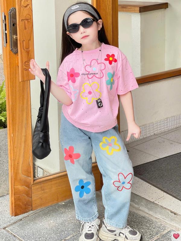 MinMinKid2 23-50kg dưới 1m55 Set áo thun cotton phối quần JEAN HOA xinh xắn cho bé gái đi học đi chơi