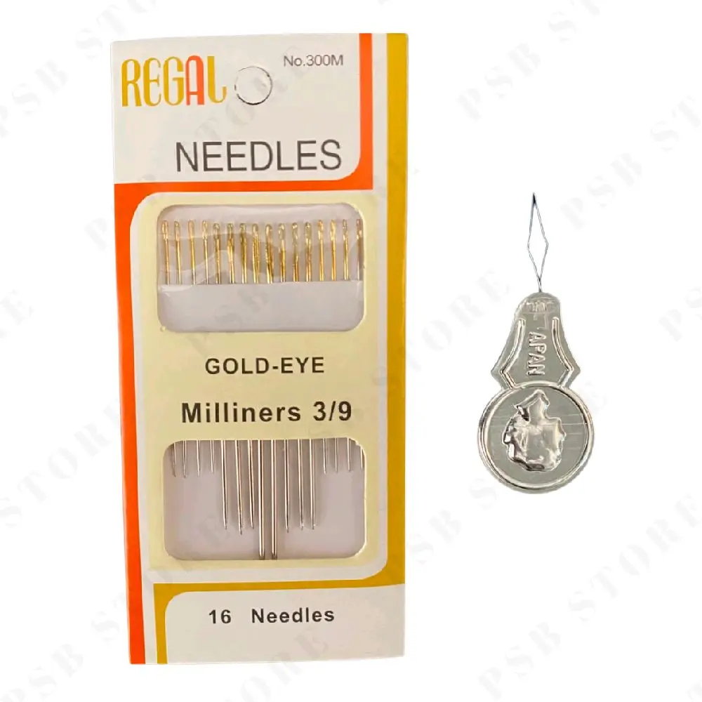 (Isi 16pcs + Kail) Jarum Tangan Regal 3/9 Needles Gold Eye Miliners