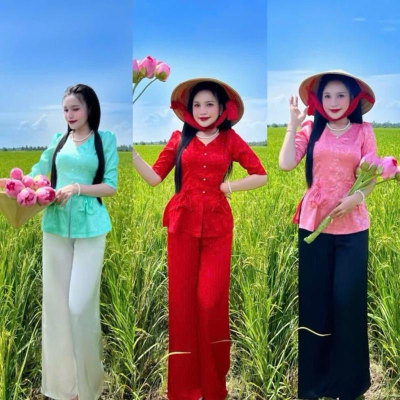 Áo bà ba Gấm Cổ Tim, 2 túi đính dây nơ, Tay phồng vai, Tay lỡ, quần lụa latin Women Nữ Top