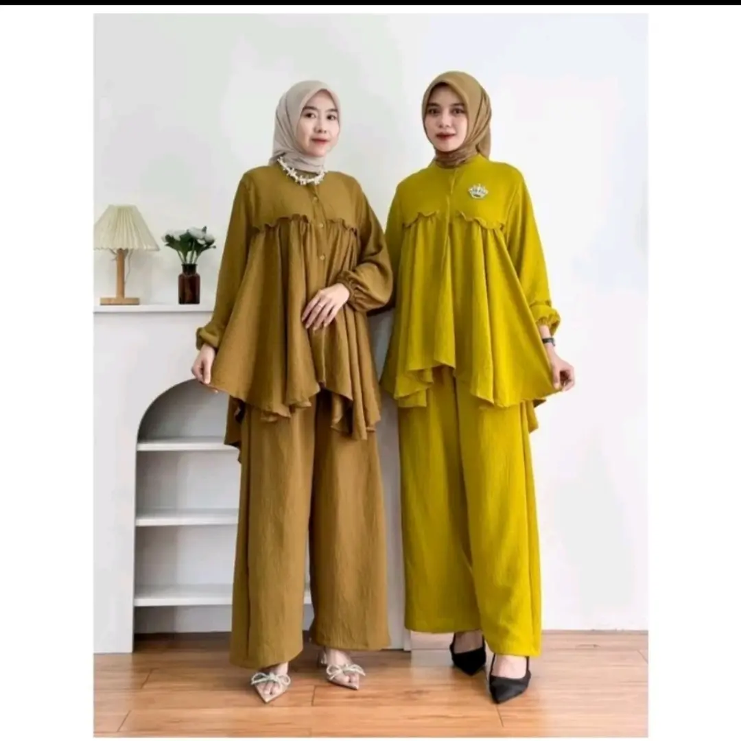 stelan crinkle airflow ocha SIMPLE GIRL ONE SET KERAH MEKAR JUMBO Atasan Baju Bawahan Celana Kancing Kulot Muslim Variasi Rempel Wanita Setelan