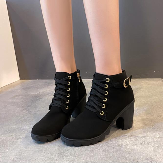  Giày Cao Gót Nữ Thời Trang Hàn Quốc Mới Bốt Gót Trung Bình Giày Thanh Lịch Cho Nữ Da Mùa Đông Thoải Mái Tăng Một Cỡ 