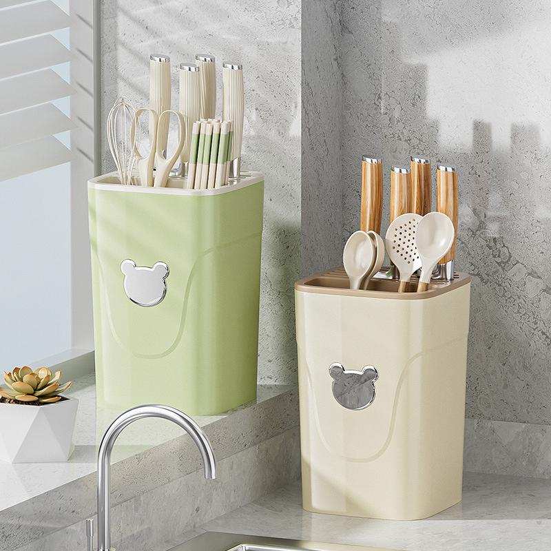 Hộp Đựng Dao Kéo, Đũa Thìa Thông Minh Cho Nhà Bếp Gấu Bạc - Ống Cắm Dao Decor Nhà Bếp Có Khay Hứng Nước