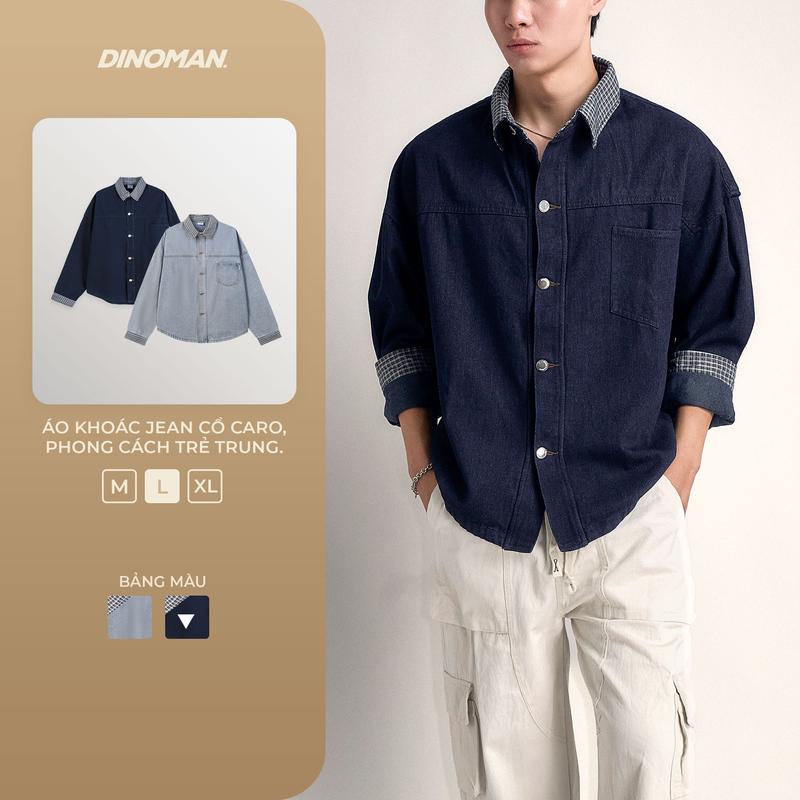 Áo Khoác Jean Phối Cổ Caro Cúc Kim Loại DINOMAN Dài Tay Chất Liệu Jean Mềm Dày Dặn Cao Cấp Trẻ Trung Unisex Dễ Phối Đồ - SM029
