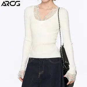【ARCG】Putih Kaos lengan panjang wanita leher U slim fit membuat langsing desain pinggiran renda