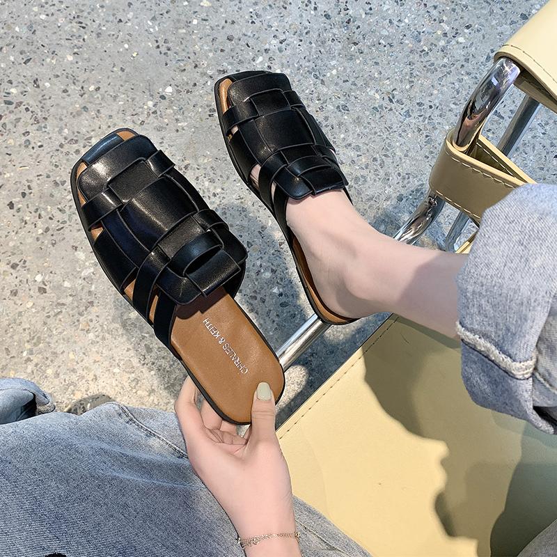 Product Introduction of JINxCHOY SHOES Summer Slip-on Roman Shoes Comfortable All-Matching PU Leather Weaving Closed Toe Low Heel Square Heel Pu Slippers Rubber SS24 5