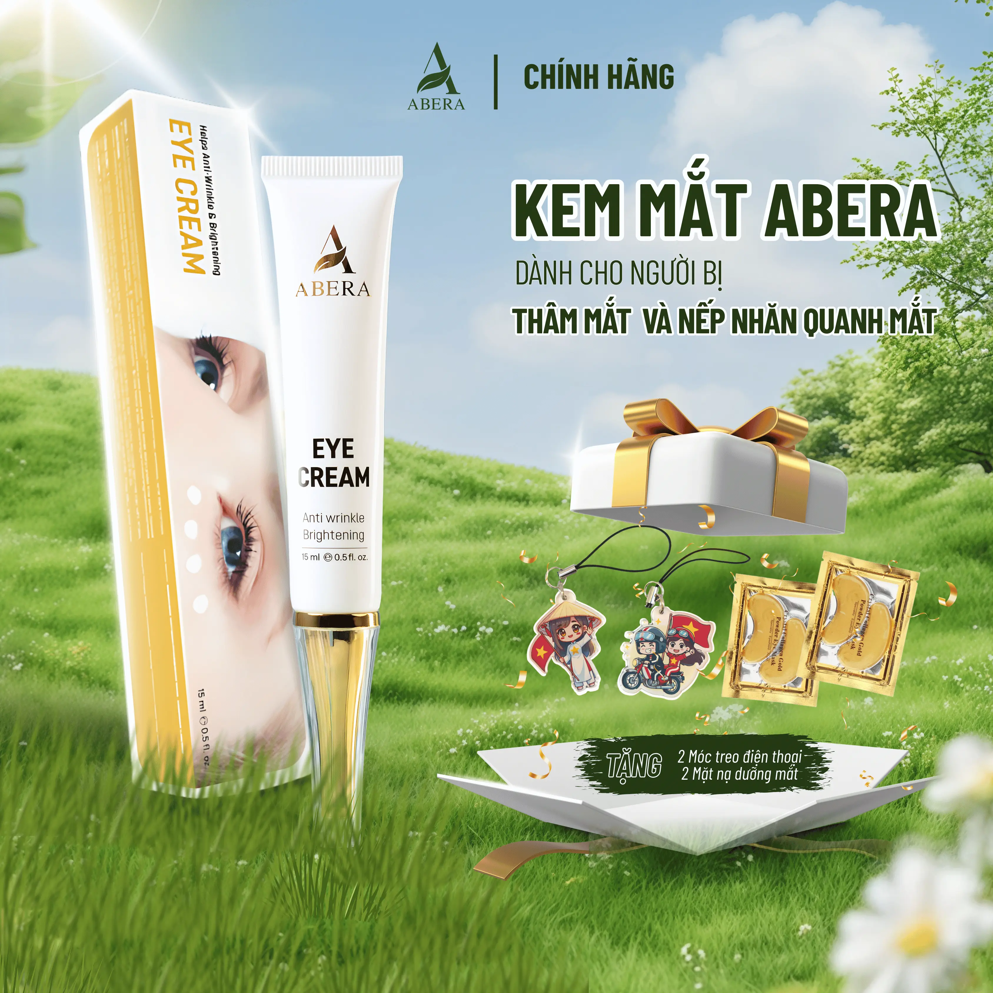 Kem Mắt Abera - Tặng 2 Móc Treo Điện Thoại và 2 Mặt Nạ Dưỡng Mắt Collagen Gole | Kem Mắt Abera Giúp Hỗ Trợ Cải Thiện Quầng Thâm Mắt Và Nếp Nhăn Mắt