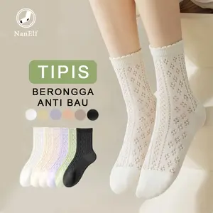 【NanElf】Kaos Kaki Wanita Musim Panas Gaya Jepang Bahan Katun Warna Polos Desain Renda Lubang Nyaman & Modis