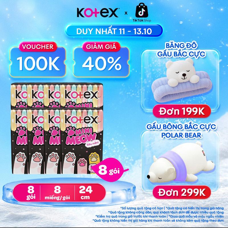 [QUÀ TẶNG HOT] 8 gói băng vệ sinh nữ nhập khẩu Kotex MiniMeow 24cm siêu mỏng cánh, Mặt bông, Siêu mềm, thoáng khí, bvs mèo tiện lợi, khủ mùi, chống tràn, ngày ít, 8 miếng/gói, bvs kinh nguyệt nhiều, miễn phí vận chuyển, bvs chính hãng, tampon.