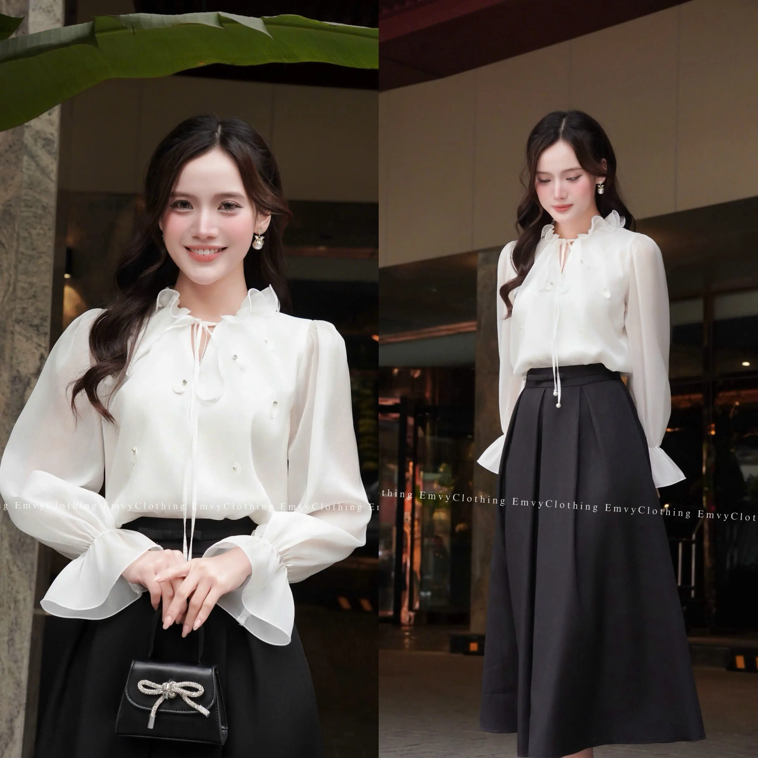 [Deal Mở Bán] Áo sơ mi nữ thiết kế cổ bèo tiểu thư sang chảnh phối chân váy dài thanh lịch Emvy Clothing EV132 | BigBuy360 - bigbuy360.vn