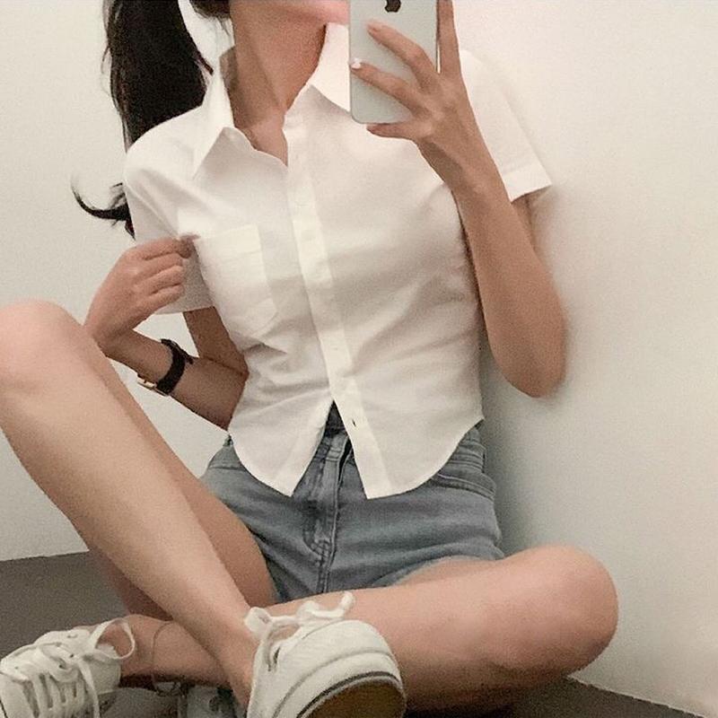 Product Introduction of Short Sleeve Blouse For Women Korean Style White Sexy Slim Fit Casual Fashion Elegant Polo Shirt 2024 Summer Solid Color Office Wear 4