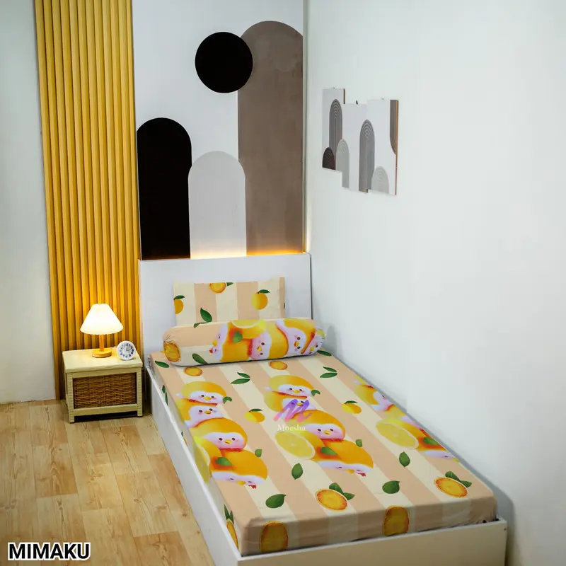 Sprei Set Anti Geser karet Ukuran 90x200 dan 120x200 Edisi Warna Soft Aesthetic Abstrak Karakter Murah free Sarung Bantal Guling Katun 1