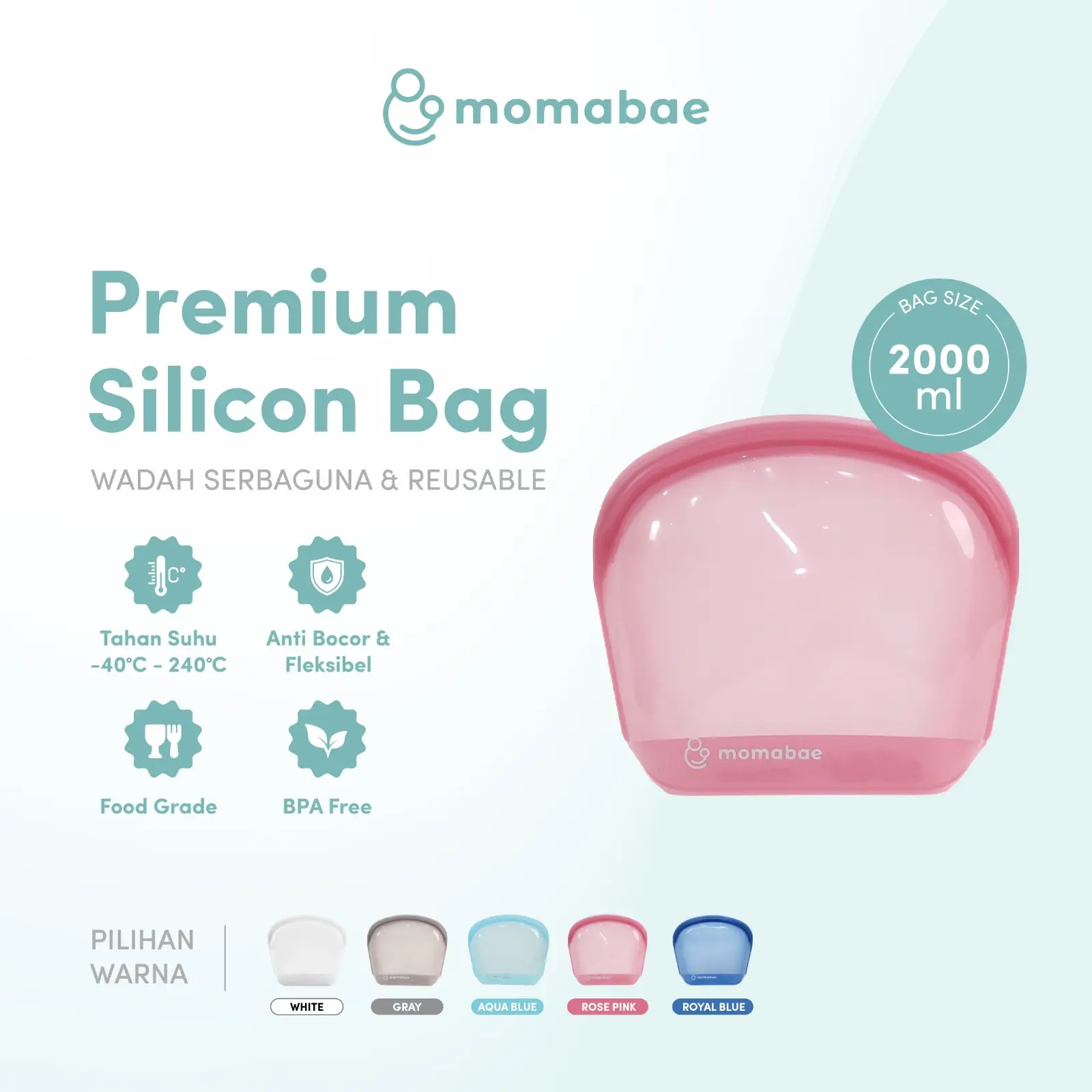 MOMABAE - Premium Silicone 2000 mL- FDA & LFGB approved /  Silicone Bag Food Grade / Penyimpanan Pompa Asi / Mpasi