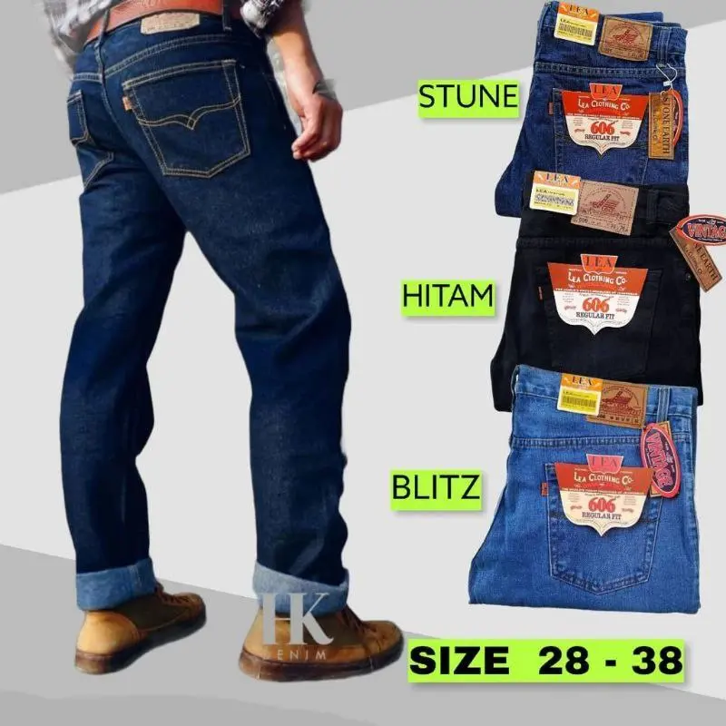 Celana Jeans Pria Lea 606 Standar Reguler Hitam Denim Biru Basic