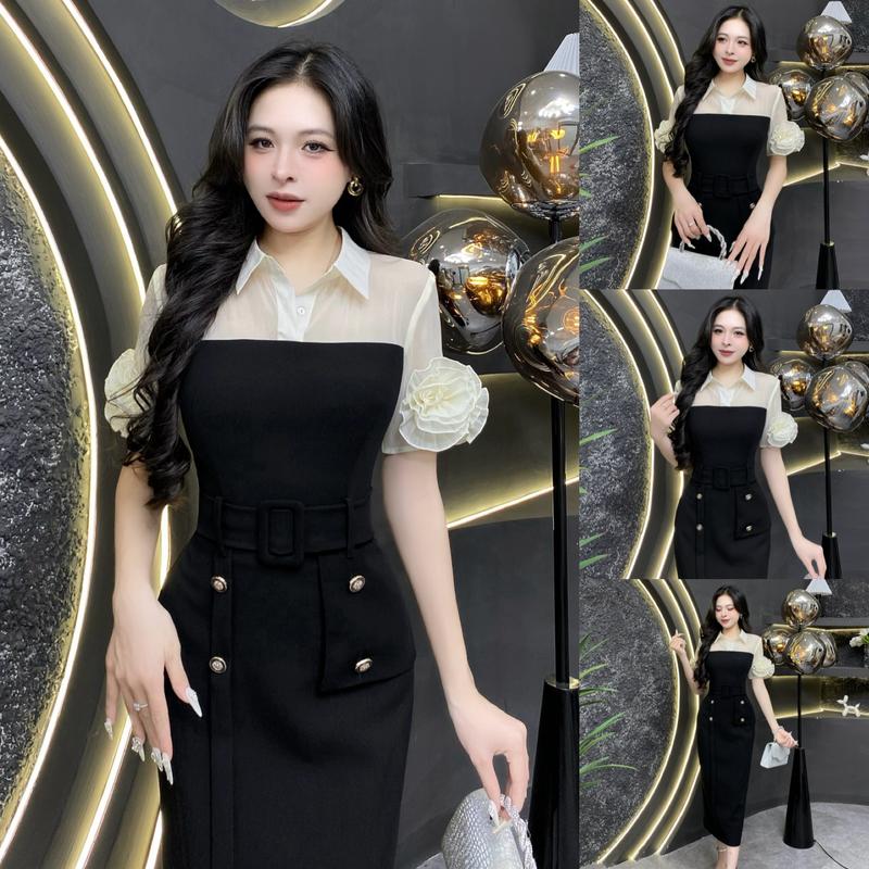 EV41 - Váy Thiết Kế Evii dành cho nữ, Đầm thiết kế cổ đức phối tơ nhăn, hoa 2 bên tay may liền (tặng kèm đai vải) dáng bút chì xuông phù hợp đi làm, đi chơi và đi dự tiệc. Có Bigsize  Women Dress