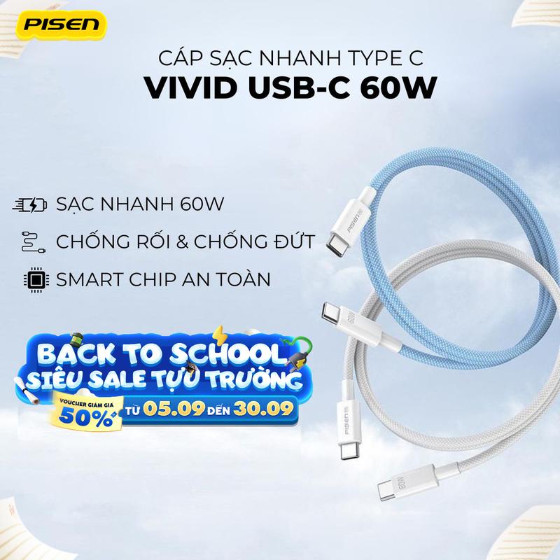 [PISEN] Cáp Sạc Nhanh 60W | An Toàn, Chống Rối, Chống Chai Pin, Chống Đứt, Phù Hợp Cho Dòng Android/Iphone 15 Trở Lên Và Laptop | PISEN QUICK - Vivid USB-C 60W 1m, 2m | CC11-1000 | Bảo Hành 24 Tháng | Bảo Hiểm 2 Triệu Đô Toàn Cầu