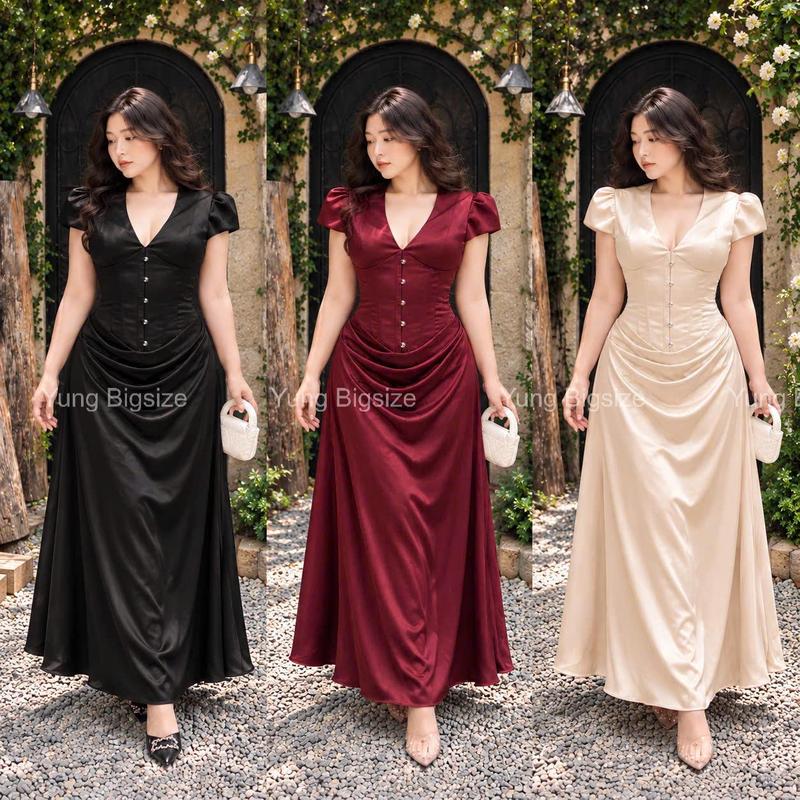 Đầm lụa bigsize thiết kế Corset dáng dài cổ V sang chảnh 60-85kg Yung bigsize A1438