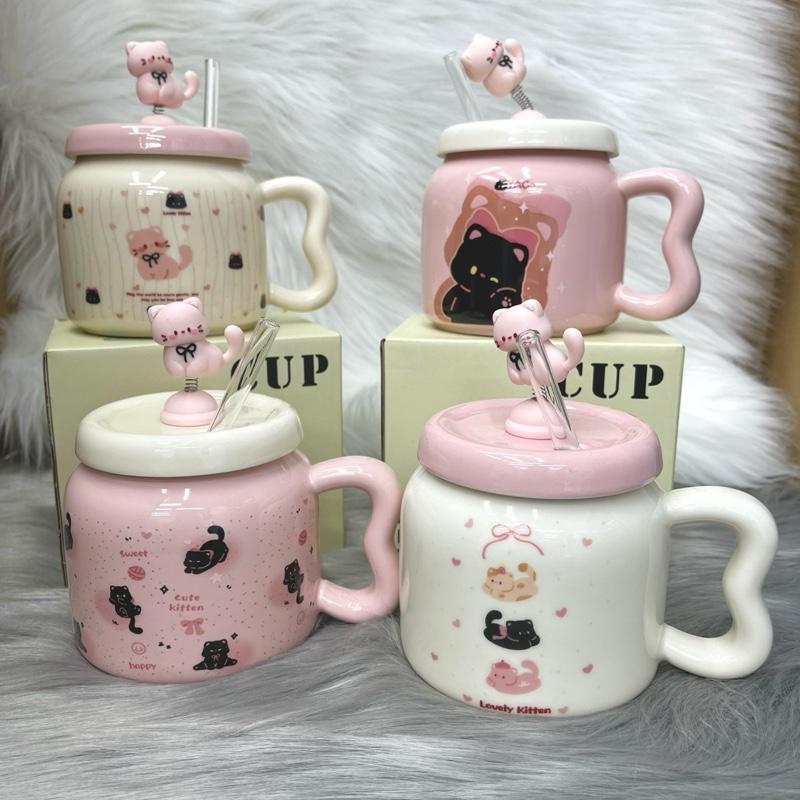 Ly Sứ Cốc Sứ Tráng Men Cao Cấp Họa Tiết Mèo Dễ Thương Có Nắp Kèm Ống Hút - Dung tích 450ml LY 1025