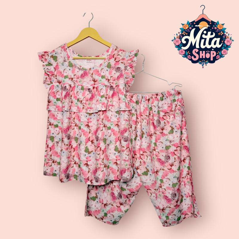 Đồ Bộ Nữ Quần Lửng Tay Cánh Tiên Phối Bèo To - Big Size 49 - 90kg - Chất Vải Tole Hai Da Thoáng Mát, Trẻ Trung | Quần Áo Nữ Women