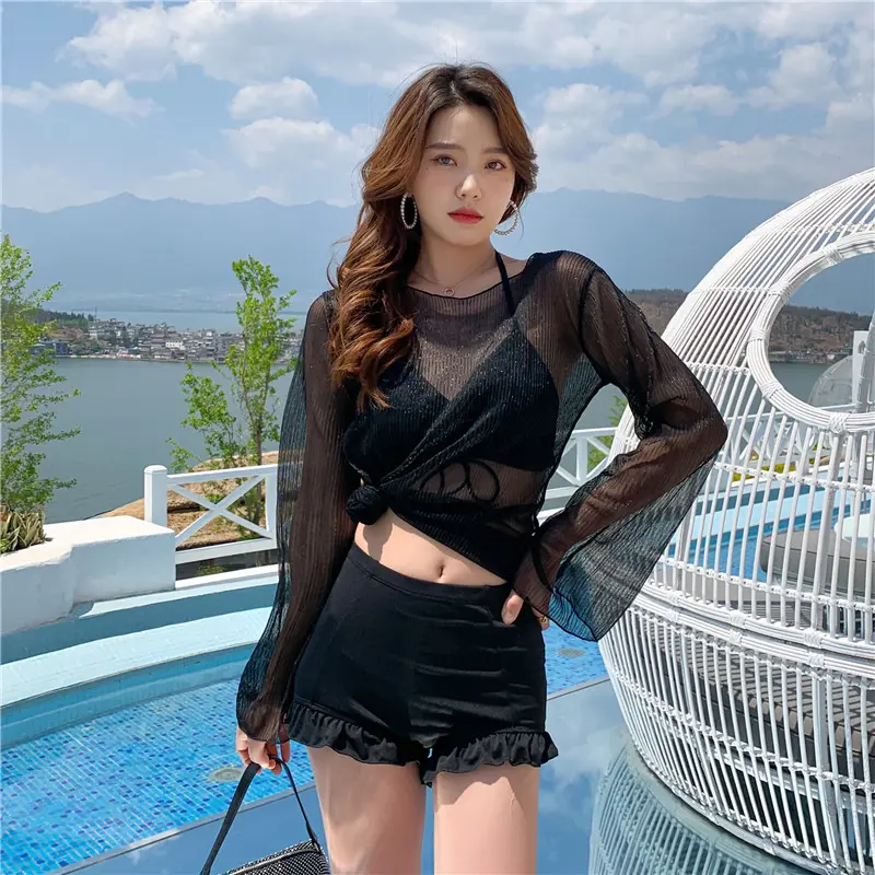 Áo Tắm Cổ Yếm Chống Nắng, Tay Áo Dài, Thời Trang Mùa Hè, Nâng Ngực, Bikini Băng Quấn Hở Lưng Gợi Cảm, Bikini Biquini