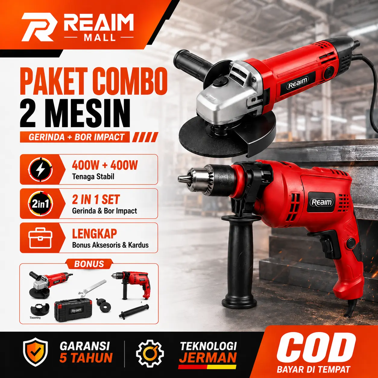 REAIM Mesin Bor dan Gerinda Listrik 2 IN 1 Paket 10MM Untuk Perbaikan Rumah Tangga Konstruksi Bangunan dan Perbengkelan Kuat Tahan Lama Multifungsi Harga Terjangkau Garansi 5 Tahun