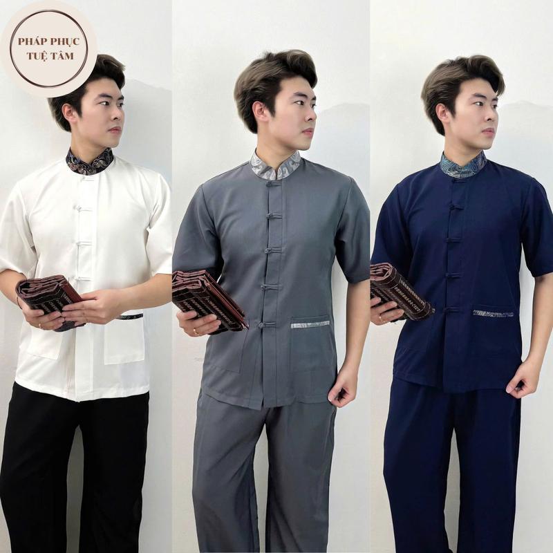Bộ đi chùa nam tay cộc chất liệu đũi hàn Đồ đi chùa cho nam giới cách tân cổ lãnh tụ phối gấm mềm mát, thanh lịch