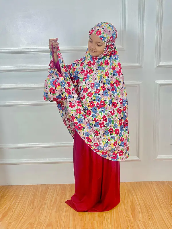Mukena Anak Flower Series 2 in 1 Bahan Rayon Premium Lembut Nyaman Usia 4-13 Tahun Pouch Serut By KAL COLLECTION 1