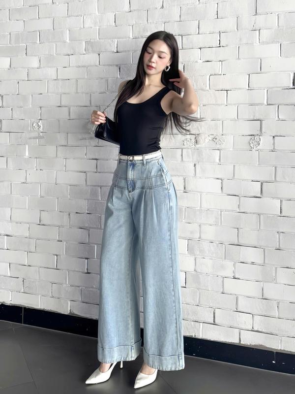 Quần Jeans Nữ CCHAT Dáng Suông Chiết Ly Túi Dọc Sườn Gấu To Chất Jeans 15GDJ2016ST