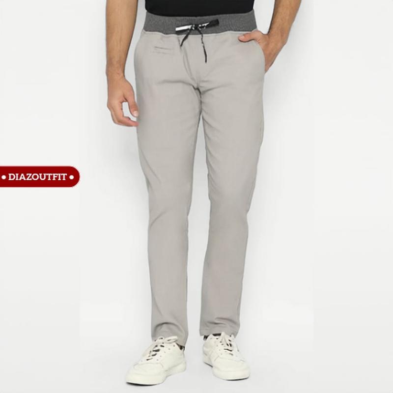 Diazoutfit - Celana Panjang Pria Pinggang Rip Kerja kantor Santai Liburan Cowok Gentleman Boy Skinnyhtytth Kain Katun Chino Melar Stretch Abu Hitam Cream 1
