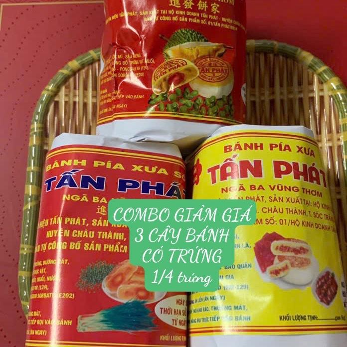 COMBO 3 CÂY BÁNH CÓ TRỨNG GIẢM GIÁ NHÂN ĐẬU SR - MỠ HÀNH-XÁ XÍU -1 cây 400g 4 cái .Bánh pía gói giấy xưa truyền thống TẤN PHÁT - 1 4 trứng