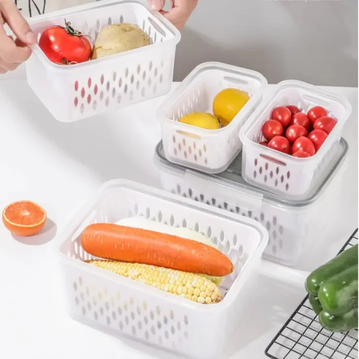 CECEGUUD - PAKET Keranjang Saringan Pengering Sayur B h Serba a + Kotak Makan 3 Sekat Lunch + Toples Kedap Udara Multifungsi - PAKET LENGKAP ( U)