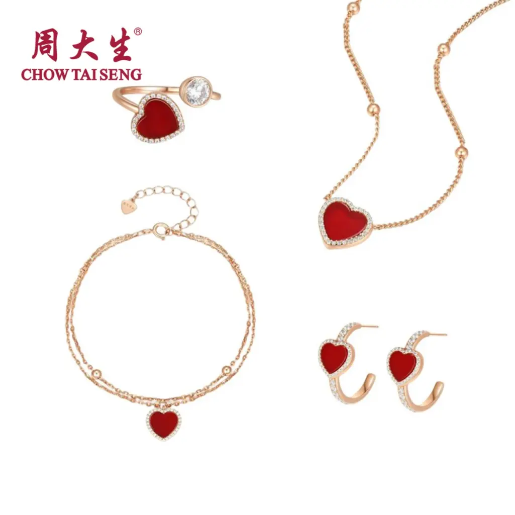 【Chow Tai Seng】S925 Silver Red Love Zircon Heart Carnelian Jewelry Set
