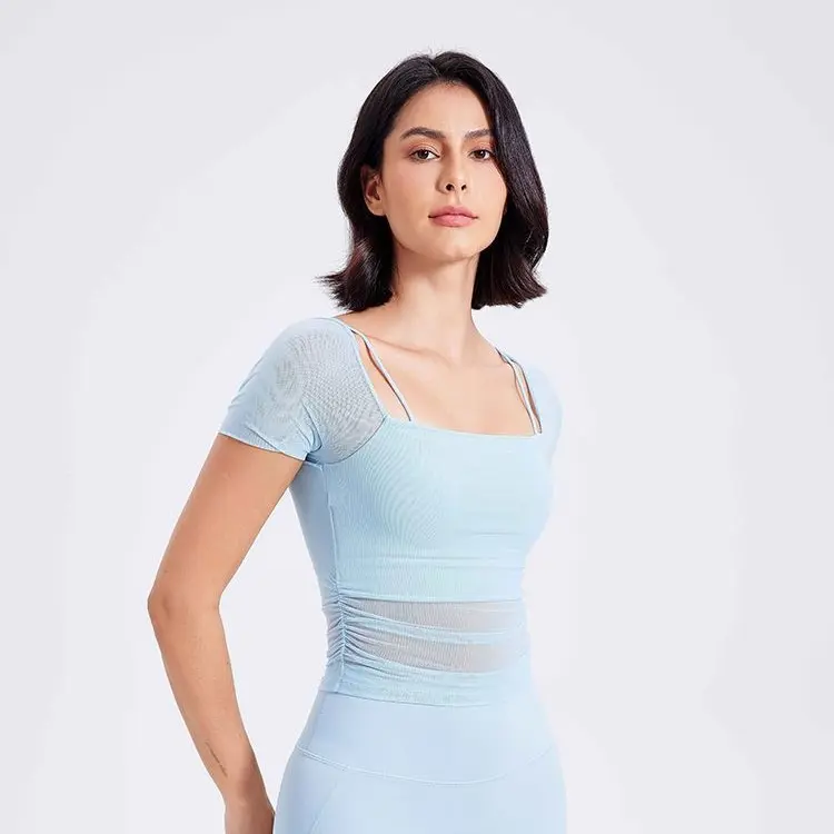 Áo Ngắn Tay Thể Thao, Dành Cho Nữ, Cúp Cố Định, 75% Nylon + 25% Spandex, Thích Hợp Chơi Thể Thao, Chạy Bộ Và Thể Dục, Có Đệm Ngực, Trang Phục Tập Yoga, Áo Ngắn Tay