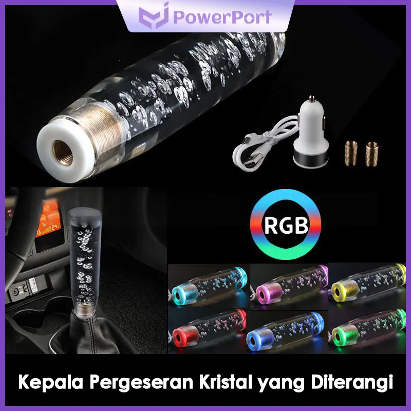 Powerport Car LED Light RGB Shift Knob Stick Crystal Transparent Bubble Gear Shifter 15cm-20cm Most Car Multicolor Gradient Fit THS