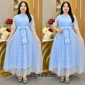 Dress Brokat Polos Putih Maxi Mewah 20110 Casual Kombinasi Tutu Pesta Wanita