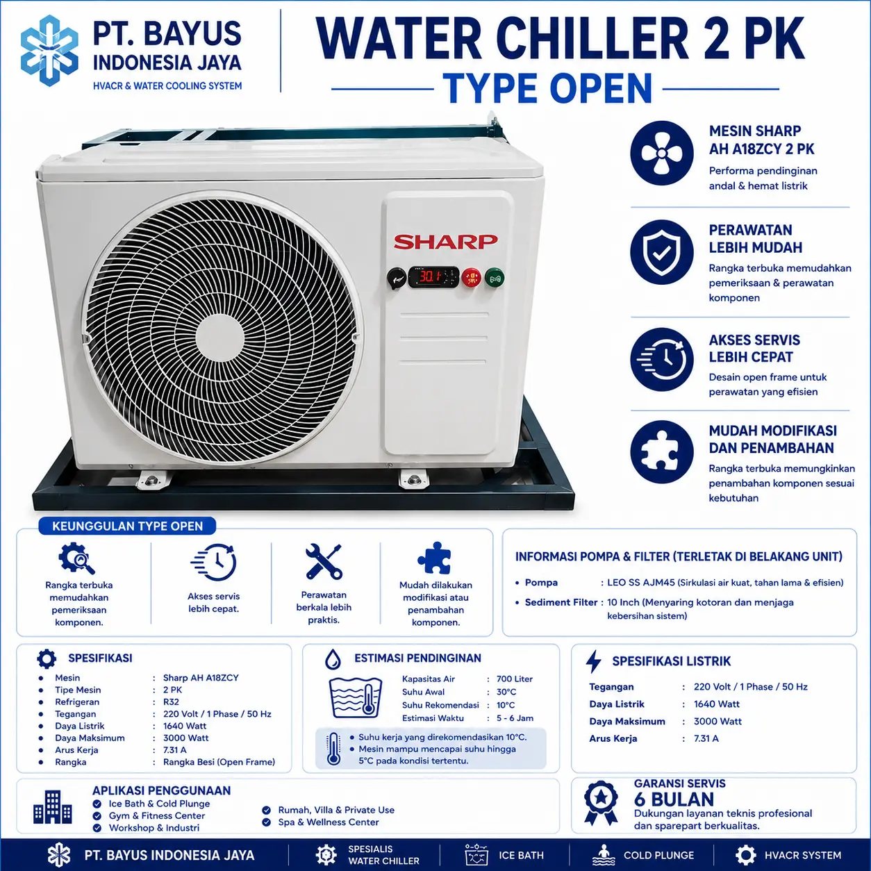 Water Chiller Ice Bath Cold Plunge 2 PK Sharp R32 | Pompa LEO AJM45 | Sediment Filter 10 Inch | Kontrol Suhu Digital | LPS Proteksi Freon Bocor