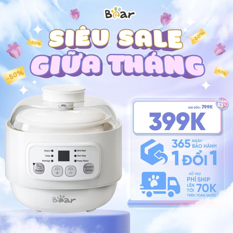 [Kèm xửng hấp] Nồi Nấu Chậm Bear 0.8L DDZ-A08T8 nấu cháo ăn dặm cho bé