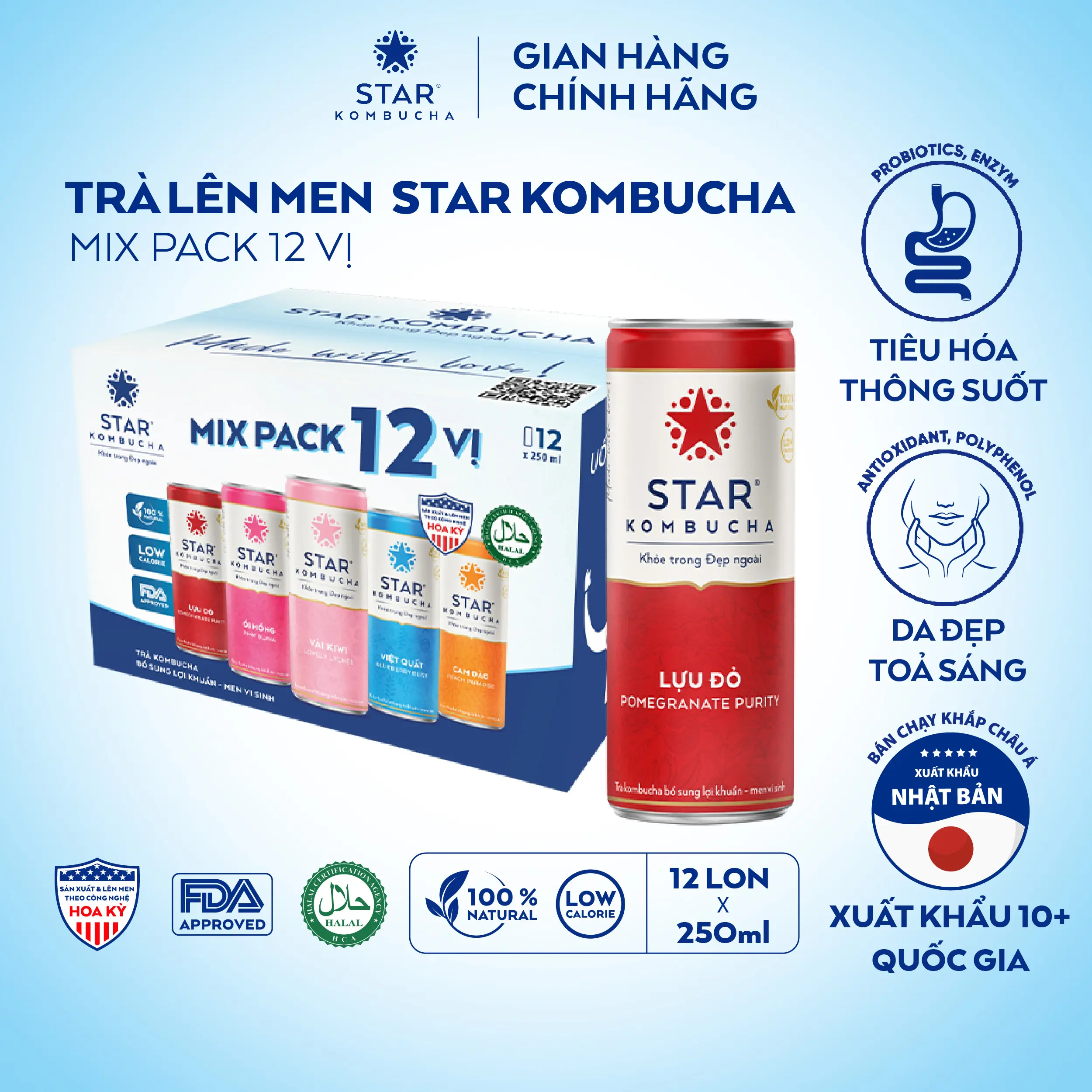 Thùng 12 lon trà lên men Star Kombucha mix 12 vị (250ml/lon) [Không kèm quà tặng]