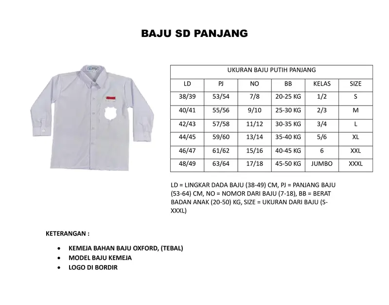 Baju Putih Sd Lengan Panjang Non Bet Untuk Anak Perempuan / Laki-Laki Dari Kelas 1-6 Fashion Seragam Sekolah SD Polos 5