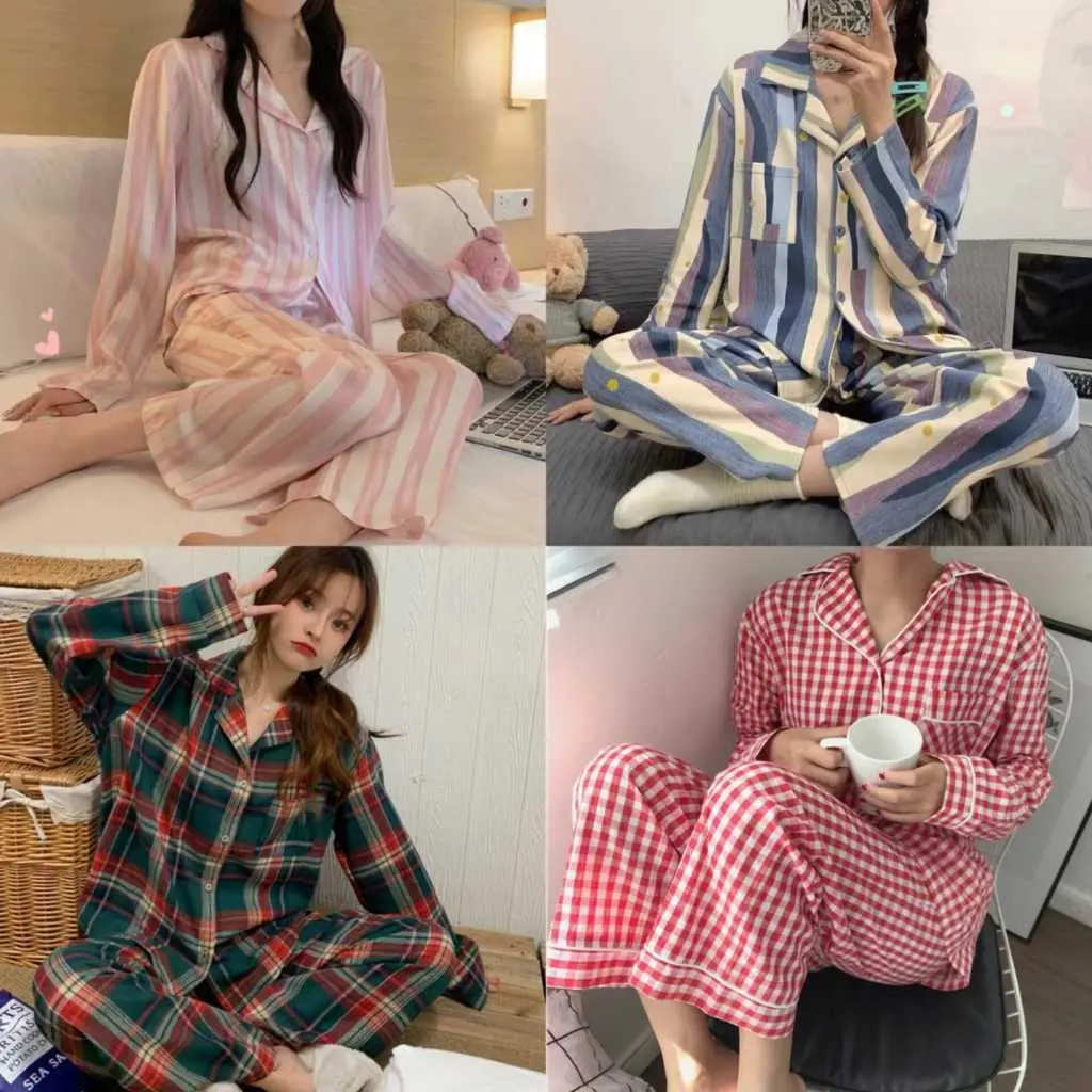 SETELAN BAJU TIDUR PIYAMA IMPORT WANITA KOREA LENGAN PANJANG CELANA PANJANG