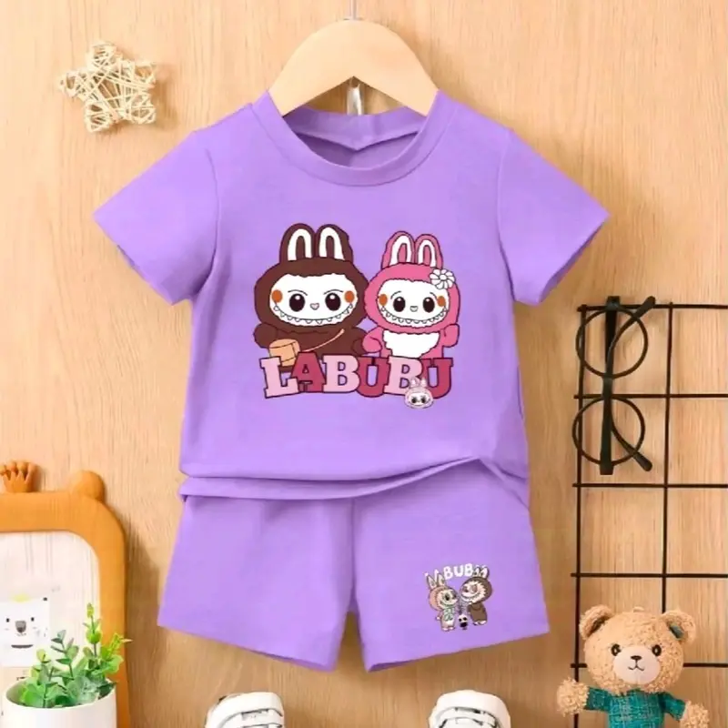 Setelan kaos anak labubu usia 1-8 tahun Katun Perempuan Parsel 3